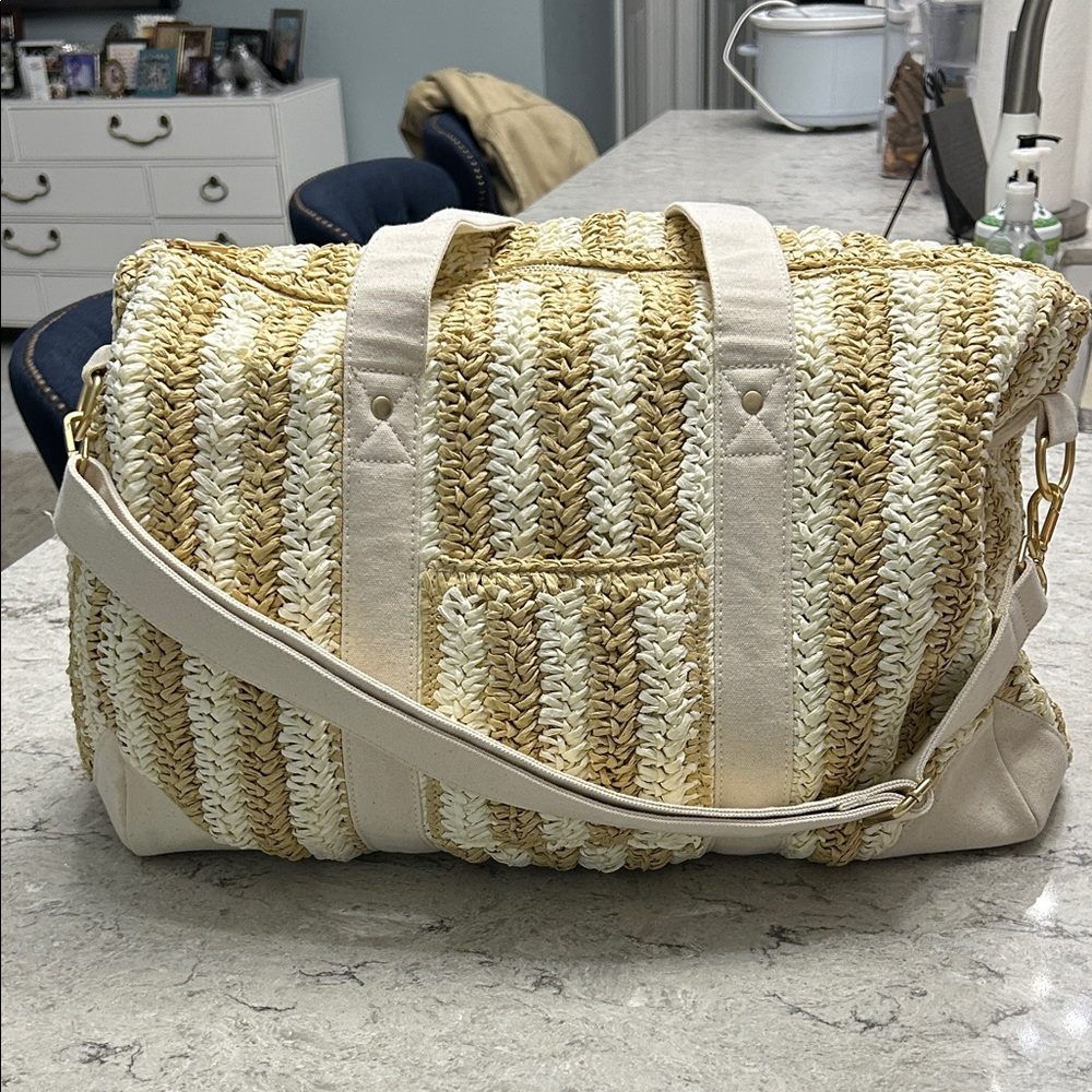 L*Space Cream and Tan Woven Weekender Travel Bag